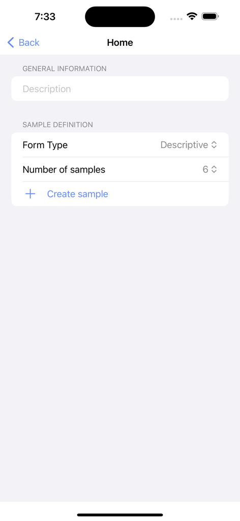 Catador CVA - Home screen for defining and creating coffee cupping samples