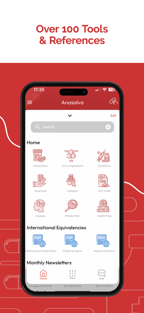 ANASALVA - Pantalla de inicio de la aplicación médica ANASALVA con herramientas para medicamentos, identificación de píldoras y equivalencias de medicamentos internacionales