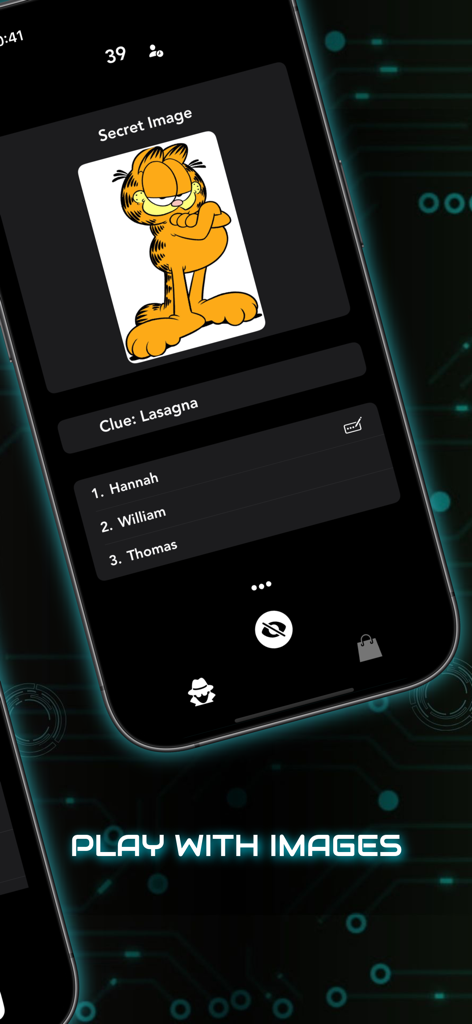 Mobile screen showing Imposter Party Word Game play with images mode featuring a secret cartoon cat image and players list