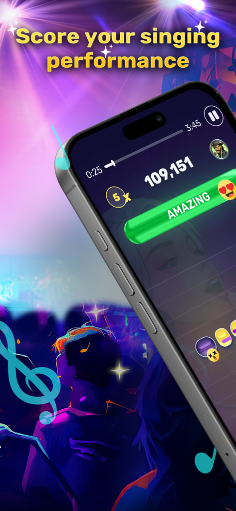 Sing King: The Home of Karaoke - Karaoke app interface showing a high singing score and amazing performance rating