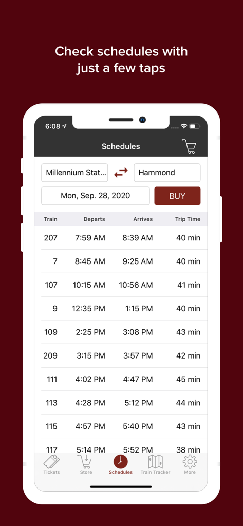 South Shore - South Shore Line mobile app interface showing train schedules and departure times from Millennium Station to Hammond