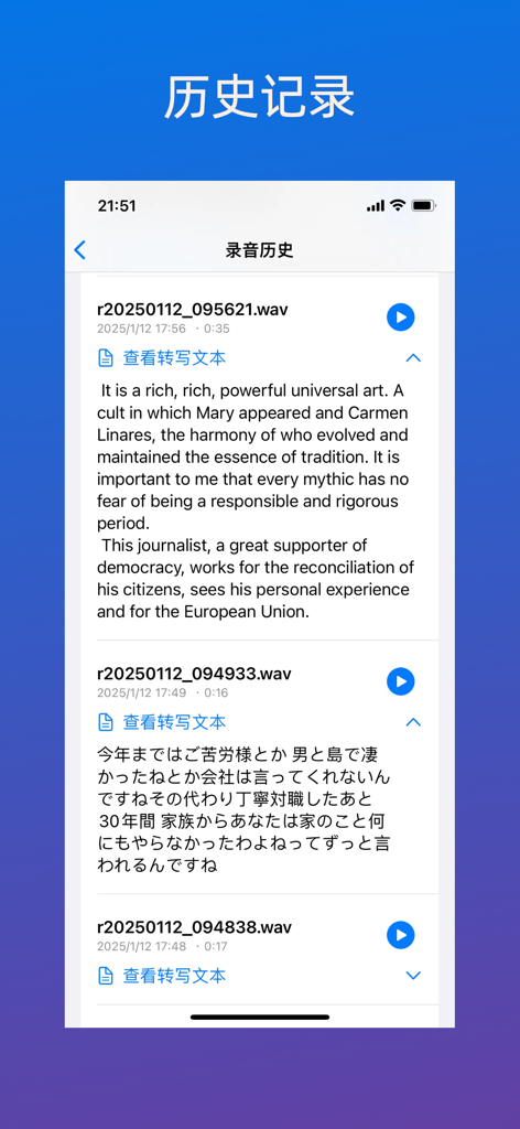 VoiceWise - VoiceWise app screen showing a list of recorded audio files and their multilingual transcriptions