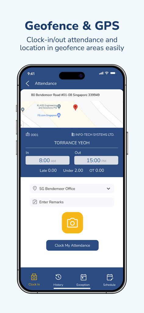 INFOTECH HRMS mobile app interface showing GPS and geofence-based clock-in and attendance tracking.
