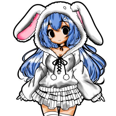 pretty anime girl wearing a fluffy hoodie with bunny ears on the hood and a skirt