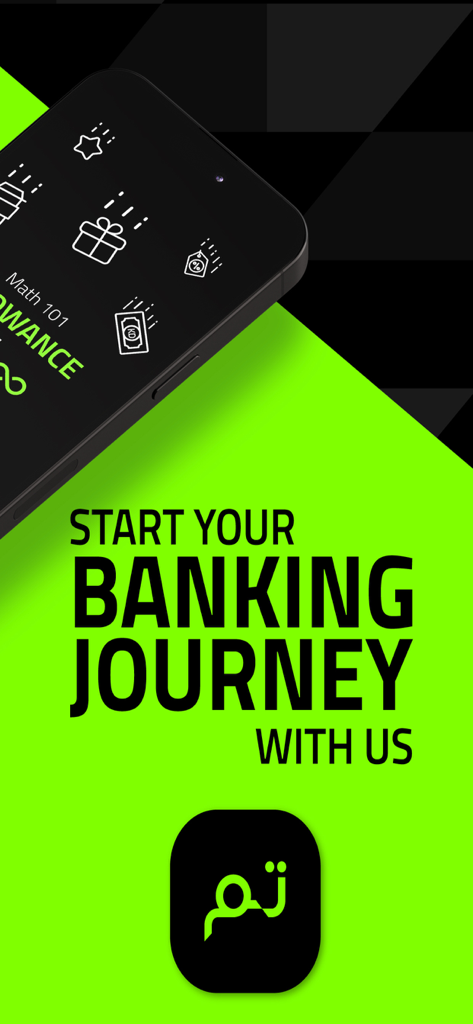 Tam - Digital Banking - Tela de boas-vindas do aplicativo de digital banking Tam com um design moderno em verde limão e o texto Comece Sua Jornada Bancária Conosco.