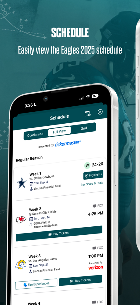 Philadelphia Eagles - Philadelphia Eagles official app showing the 2025 NFL regular season schedule with ticket and game info