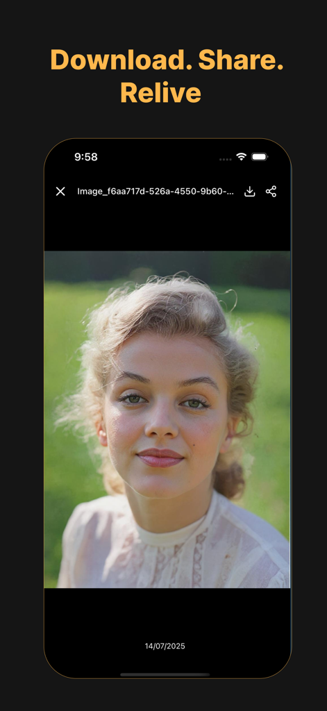 Old photo restore repair : - App screen showing a restored colorized vintage portrait of a woman with share and download icons.