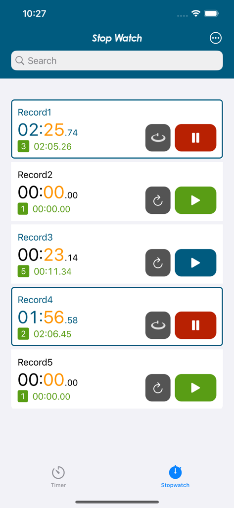 Eine Liste mehrerer Stoppuhren mit unterschiedlichen aufgezeichneten Zeiten und Steuerelementen