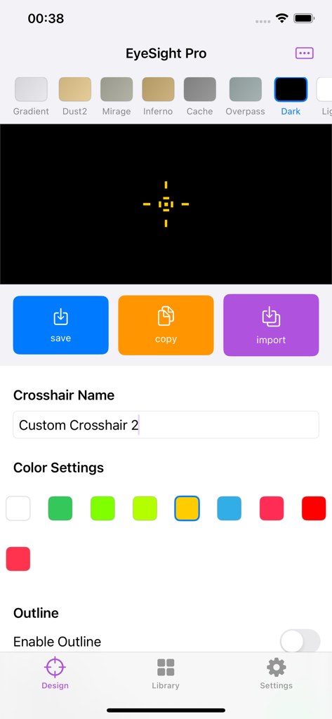 Custom Crosshair: EyeSight Pro - Interfaz de la aplicación EyeSight Pro para diseñar miras de juego personalizadas con opciones de color y selección de mapa