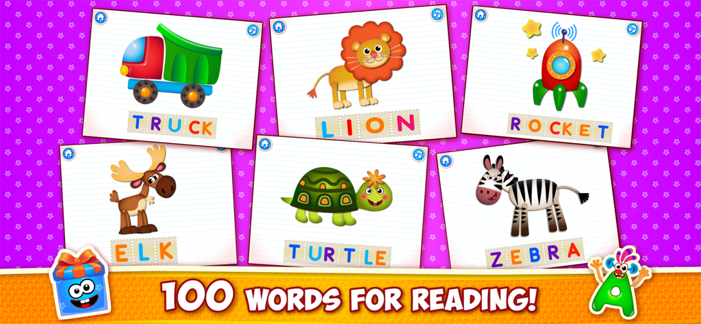 ABC Kids Games: Learn Letters! - Tarjetas educativas para niños que muestran palabras como camión, león y cohete para practicar la lectura