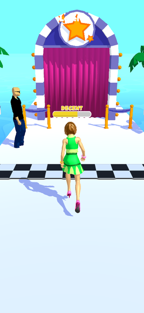 Una mujer con un vestido verde se acerca a la línea de meta del nivel en Run Rich 3D