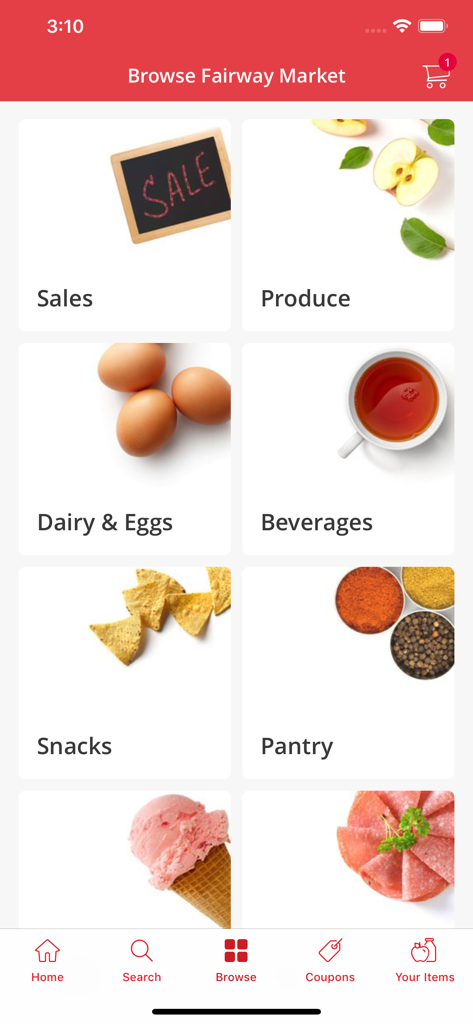 Browse screen of Fairway Market app displaying grocery categories like Produce and Snacks