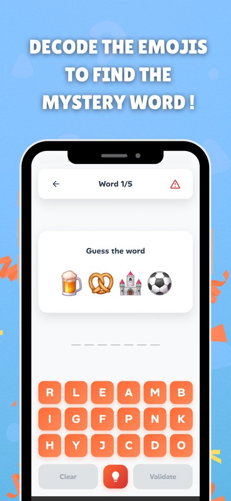 Captura de pantalla del modo de puzle de emoji de Adivina la Palabra donde los jugadores descifran símbolos para encontrar una palabra misteriosa.