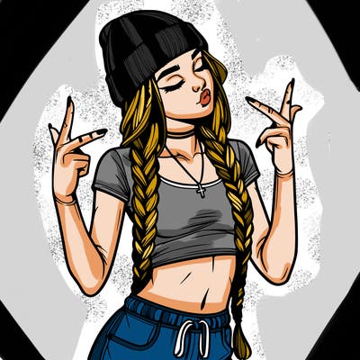 realistic teenage girl with braids and a beanie and crop top doing 🫶🏼