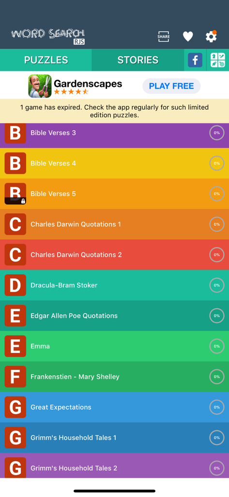 L'onglet histoires de Puzzles de mots cachés RJS montrant un menu de thèmes de puzzles basés sur la littérature classique et des versets bibliques