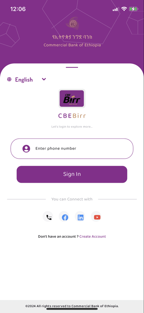 CBEBirr Plus - CBEBirr Plus mobile app login interface showing phone number entry and sign in button