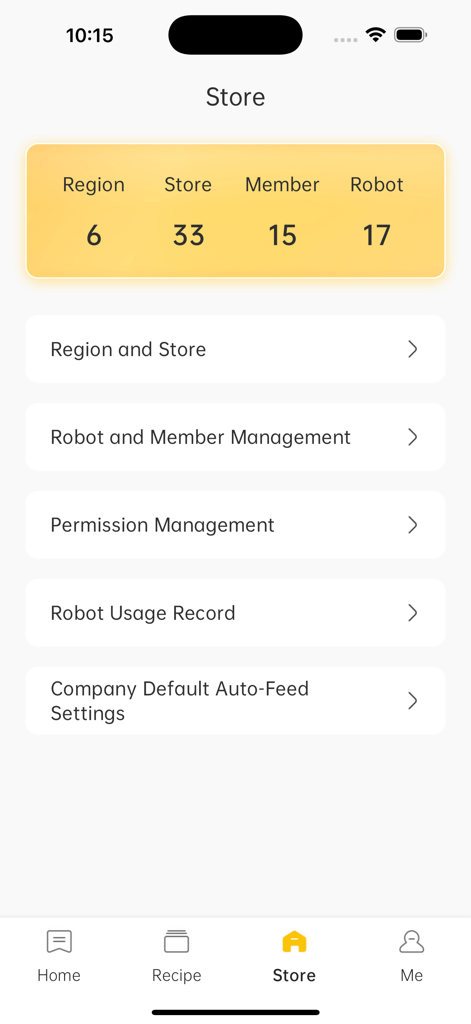 Botinkit - Interface of the Botinkit app showing a store management dashboard with options for robot, member, and permission management.