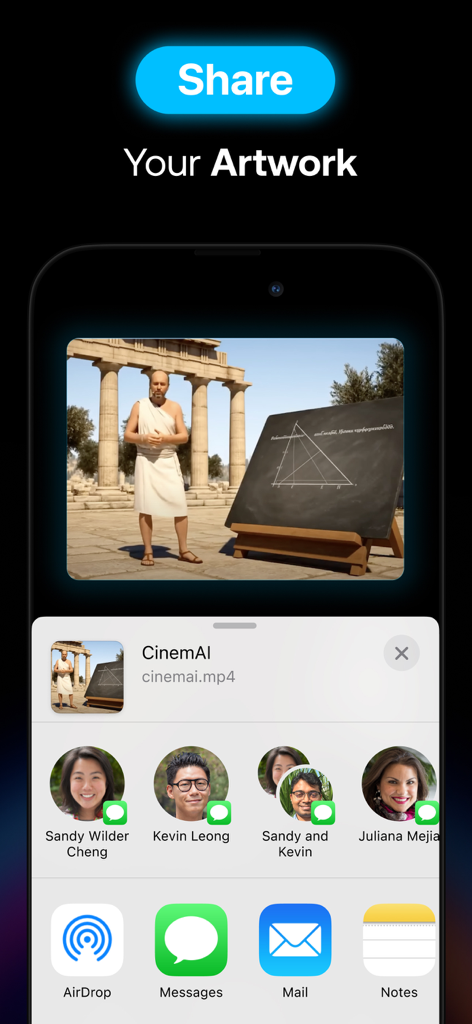 Interfaz de iOS que muestra opciones para compartir un video generado por CinemAI de un personaje histórico.