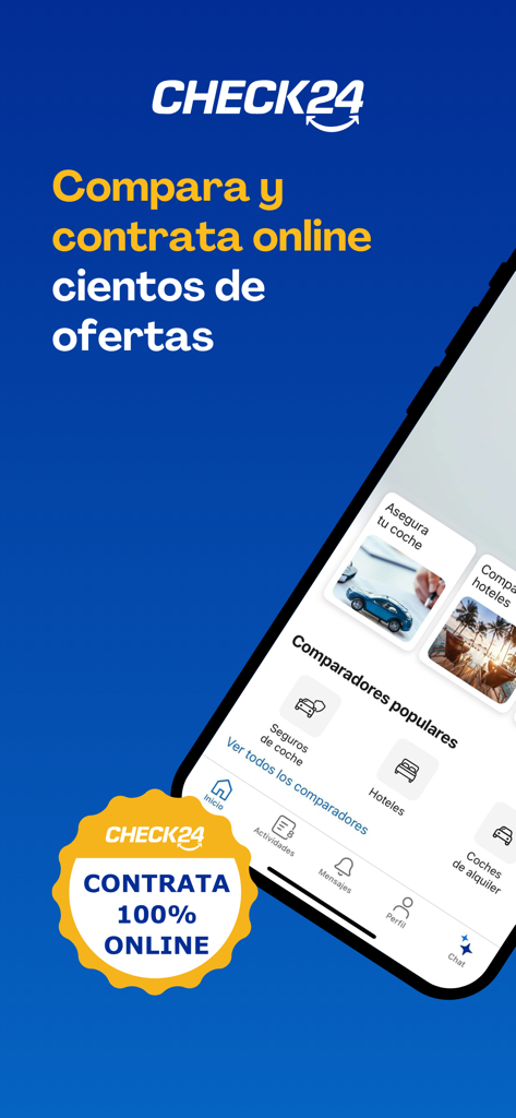 Captura de pantalla de la app móvil CHECK24 España que muestra opciones para comparar seguros de coche, hoteles y alquiler de coches.