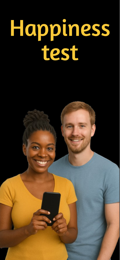 Happiness Test. - Un hombre y una mujer sonriendo sosteniendo un smartphone bajo el título Test de Felicidad