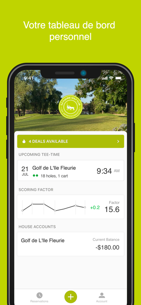 Dashboard personale dell'app mobile Ile Fleurie Golf Club che mostra i prossimi tee time e le statistiche di punteggio
