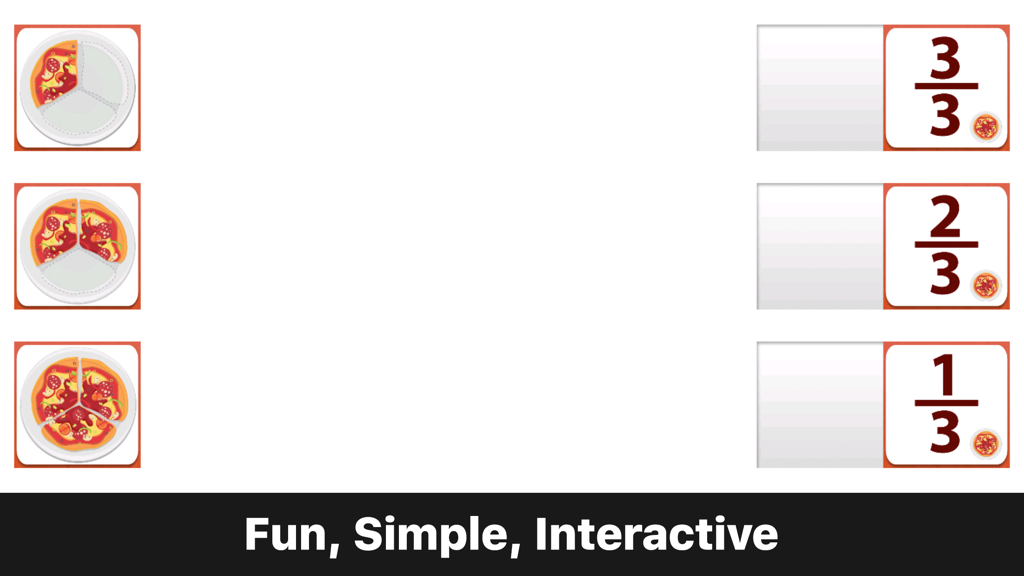 ピザのスライスと数値の分数が表示された教育用マッチングゲームインターフェース。