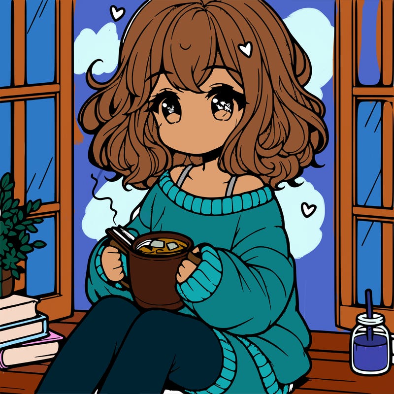 cute anime girl reading book and drinking hot chocolate from mug with loose wavy hair wearing a baggy sweatshirt and shorts sitting by windowsill looking out