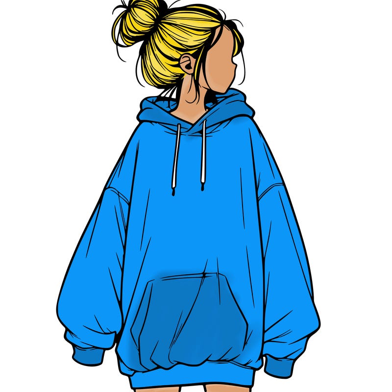 realistic girl with a oversized sweatshirt on and a bun