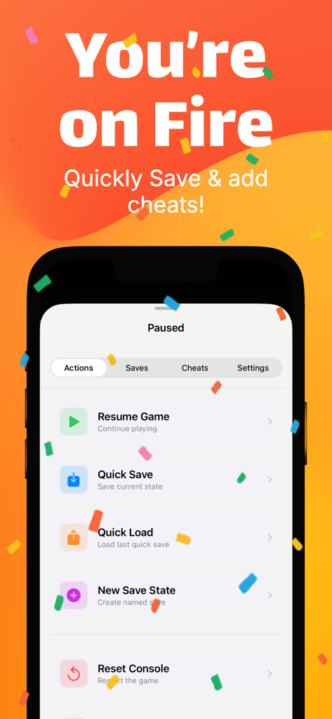 Game Emulator - GBA, DS, NES - Pantalla de pausa en la aplicación Game Emulator que muestra funciones rápidas de guardado y carga.