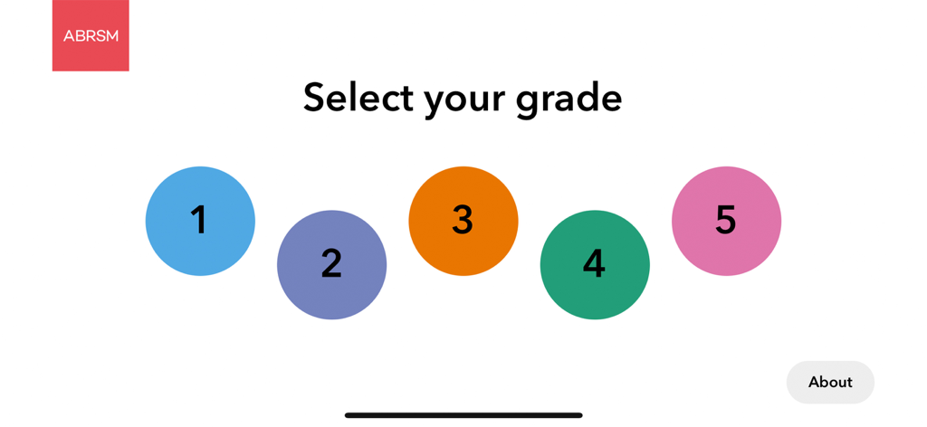 ABRSM Piano Scales Trainer - ABRSM Piano Scales Trainer app interface for selecting a piano grade level from one to five