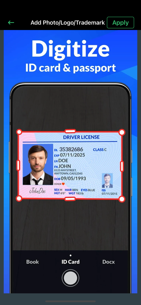 PDF Scanner- App for Documents - A mobile app interface displaying the scanning process for digitizing an ID card and passport