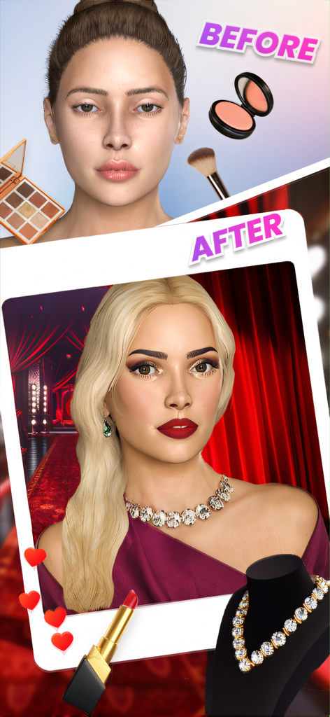 Makeover Star 3D: Beauty Games - Comparación de antes y después de una transformación de personaje en 3D en un juego de belleza.