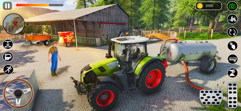 Farming Simulator Driving Game - Gameplay screenshot of Farming Simulator Driving Game showing a green tractor with a tank trailer on a farm