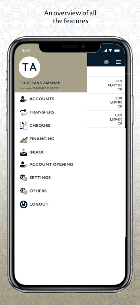 TrustbankAmanah Mobile Banking - Menu de l'application bancaire mobile Trustbank Amanah montrant les soldes des comptes et les fonctionnalités financières