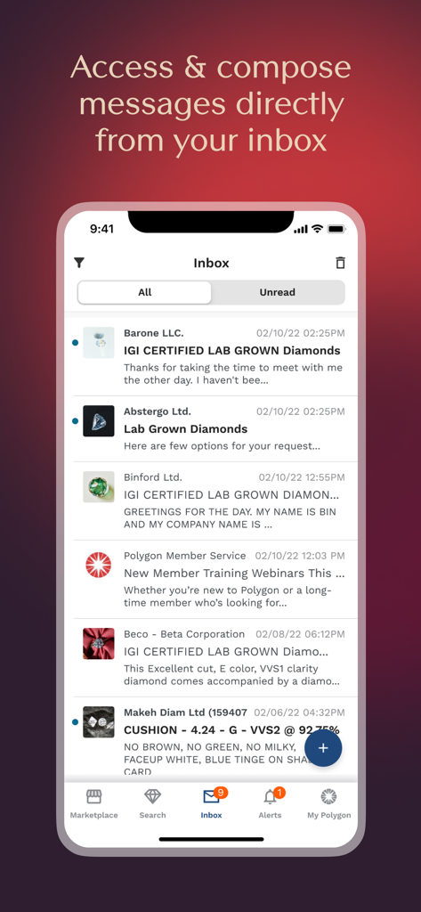 Polygon Jewelers - Screenshot of the Polygon Jewelers app inbox showing professional business messages about lab-grown diamond listings.