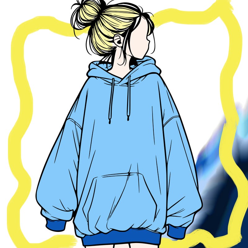 realistic girl with a oversized sweatshirt on and a bun