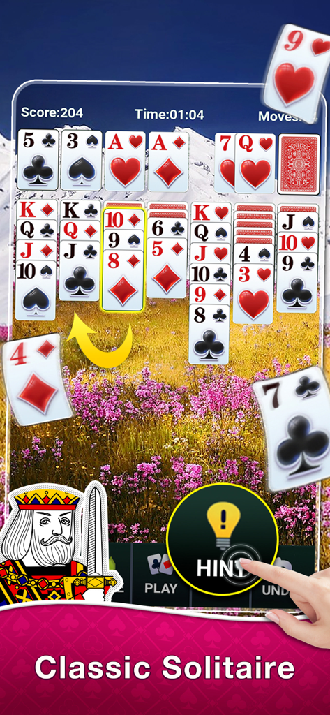 Solitaire-Brain Training - A classic Klondike Solitaire game being played on a mobile device with a relaxing floral background and a hand tapping the hint button.