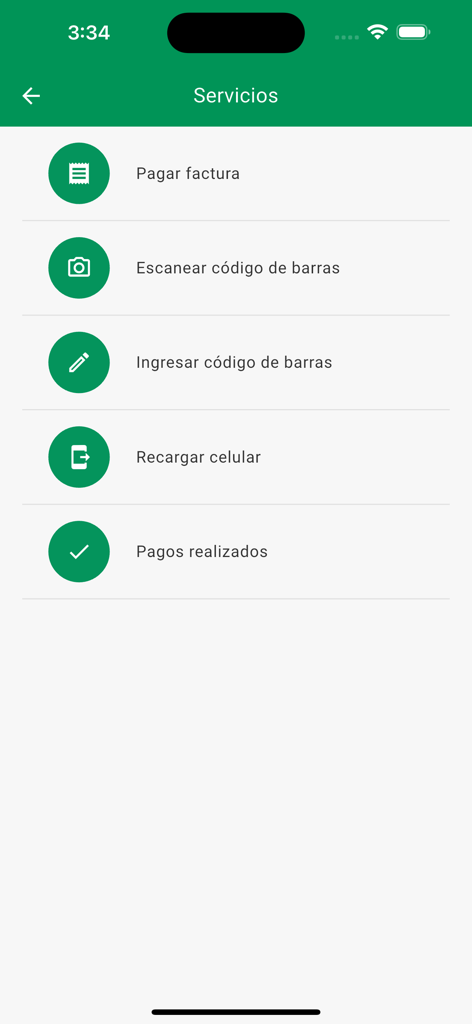 Billetera Virtual AMA - The services menu of the Billetera Virtual AMA app showing options for bill payments and mobile recharges