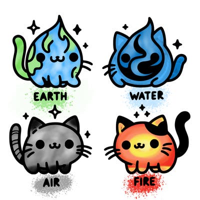 4 cats that represent the different elements, earth, water, air, and fire