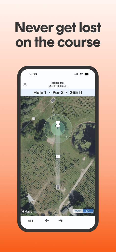 A mobile screenshot of the UDisc app showing a satellite GPS map of a disc golf course hole for navigation.