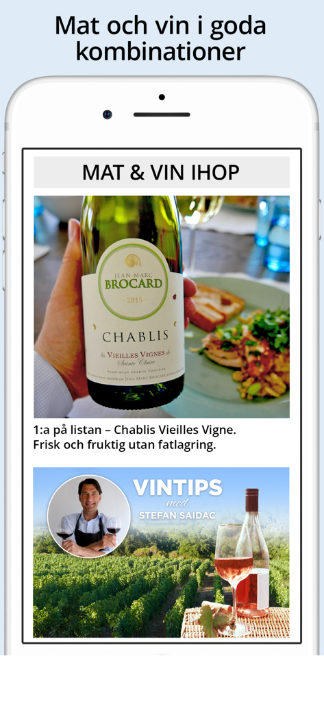 VinBetyget - VinBetygetアプリ画面に、専門家のワインのヒントと評価付きの料理とワインのペアリングの提案を表示
