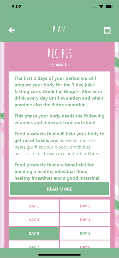My Pregnancy Wish - Nutrition and recipe advice for Phase 1 of the fertility cycle in the My Pregnancy Wish app.