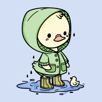 baby duck in a rain coat and boots, in a puddle while it’s raining