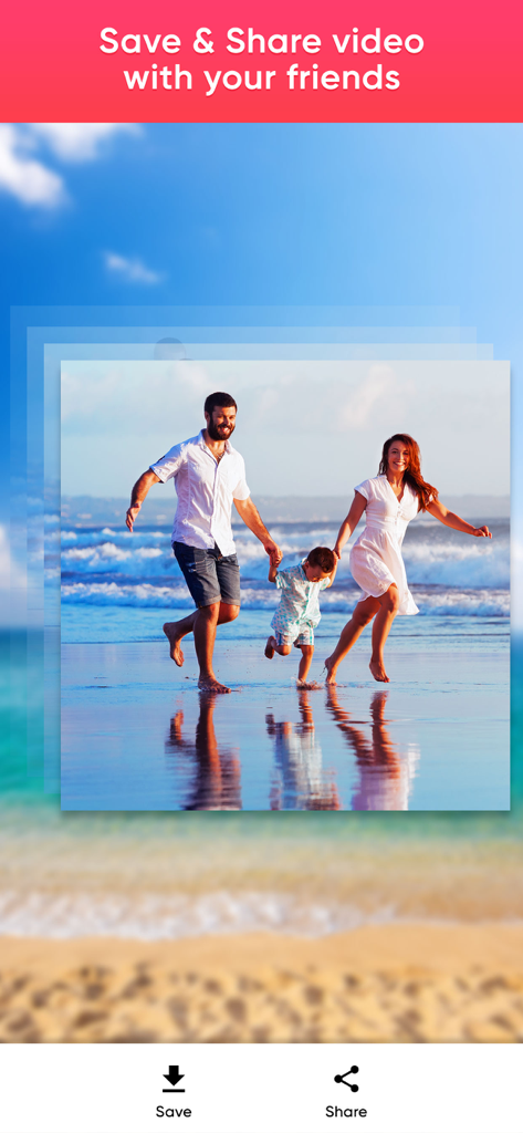 MakeMyMovie-Movie maker - Interface showing a family video on a beach with save and share options