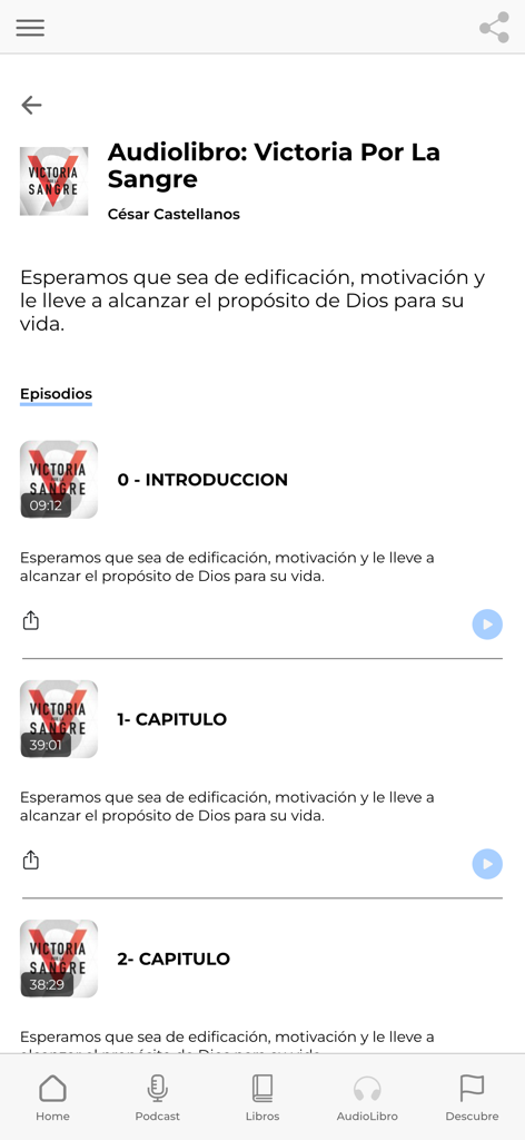 César Castellanos - Interface of the Cesar Castellanos app showing a list of audiobook chapters for Victoria Por La Sangre