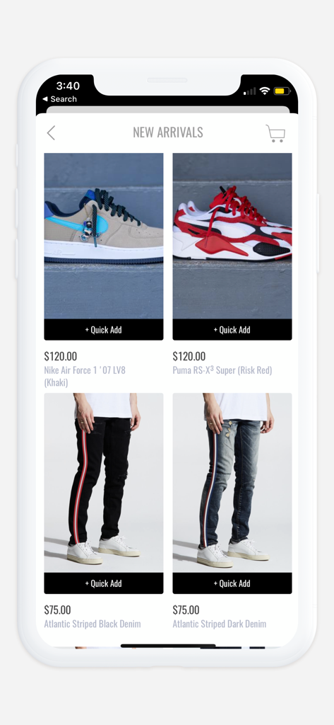 SNEAKER TOWN - Sneaker Town mobile app displaying new arrivals including Nike and Puma shoes and striped denim.