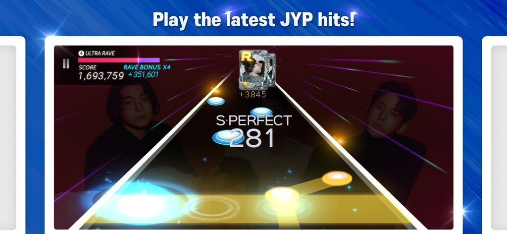 SUPERSTAR JYPNATION - JYPアーティストと音符が表示されたリズムゲーム「SUPERSTAR JYPNATION」のゲームプレイ画面