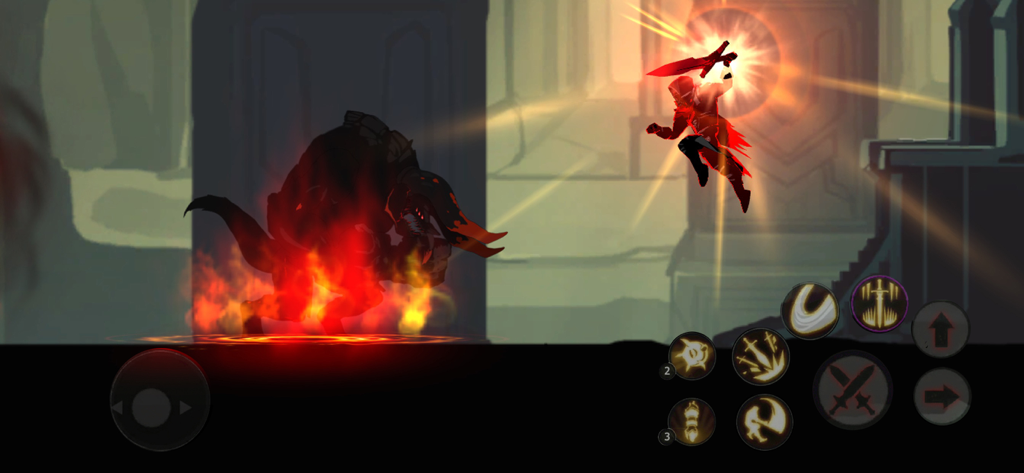 A shadow knight performing a mid-air jump attack on a flaming monster in Shadow of Death