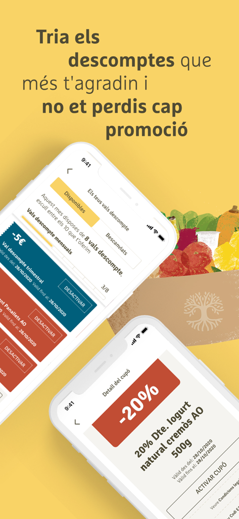 Ametller Origen mobile app interface showing personalized coupons and grocery discounts