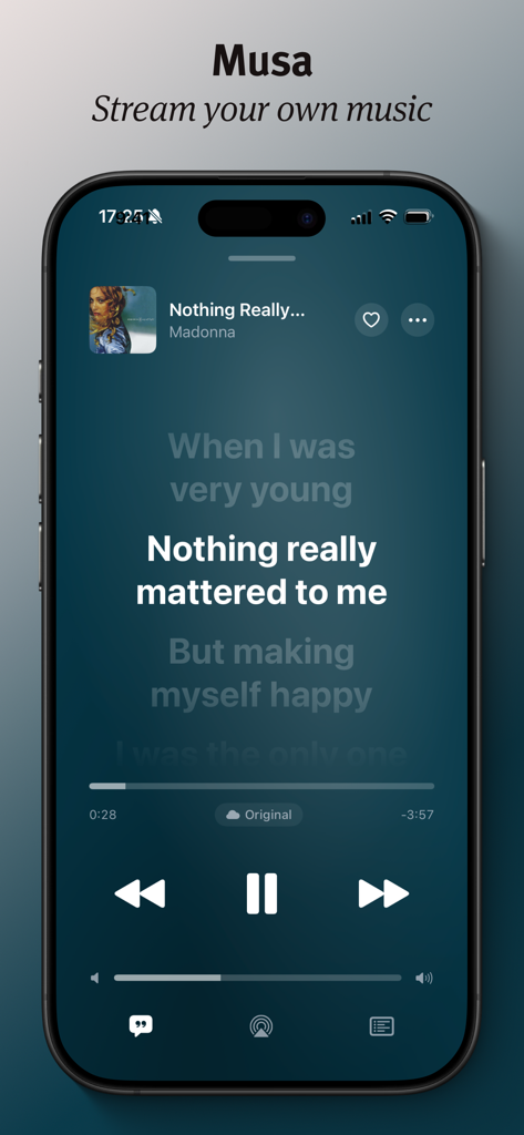 Musa Player - Interfaz de la aplicación Musa Player mostrando letras sincronizadas con el tiempo en una pantalla de reproductor de música con tema oscuro.